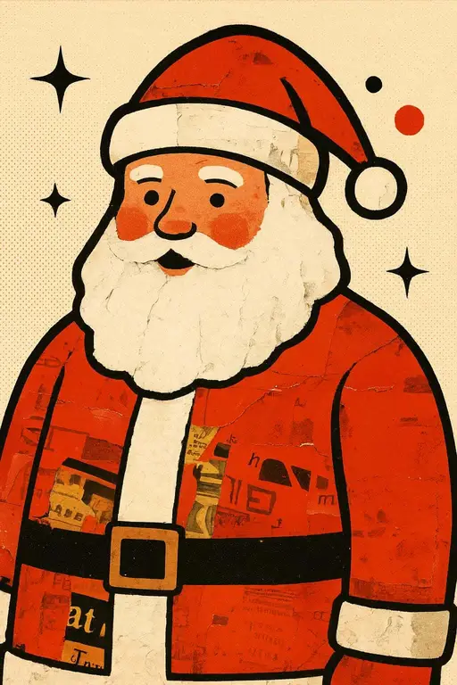 Mixed-media pop collage of Santa made from scanned vintage magazine fragments and flat vector shapes, with a red ad-photo coat, torn white-paper beard, bold black contour, halftone background and playful graphic stars, with slightly mis-al‑