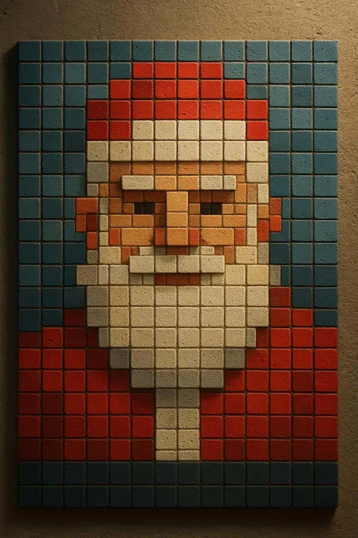 A tight frontal mosaic-style portrait of Santa composed of chunky matte square tiles forming his face, beard, and suit in a limited retro palette of reds, whites, blues, and skin tones.