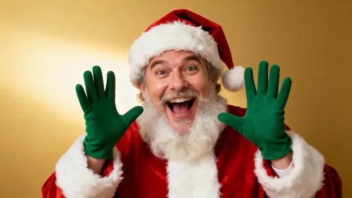 A clean editorial holiday portrait of Santa from chest up at left, leaning toward the camera with an open laugh and raised “ta‑da” hands against a single golden studio wall.