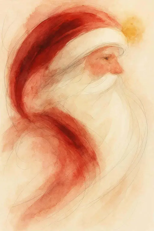 A tall, lyrical abstract painting suggesting Santa's presence with sweeping deep-crimson and soft-cream diagonal arcs, a loose curved band hinting at a beard and a small warm-gold pompom accent, watercolor-like washes and thin graphite gest