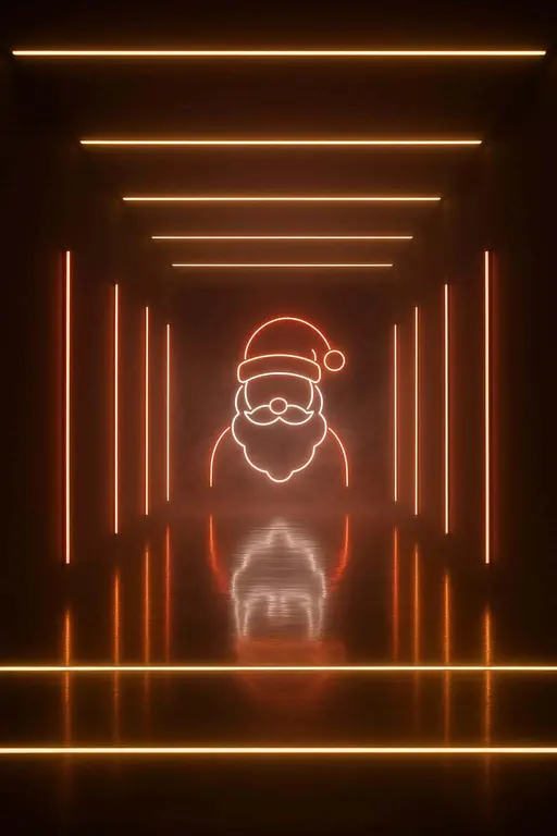 A dark gallery corridor in 2:3 framing with a simplified glowing red-and-white Santa silhouette on the far wall, parallel warm-white LED strips on floor and ceiling, and gentle mist forming soft luminous halos.