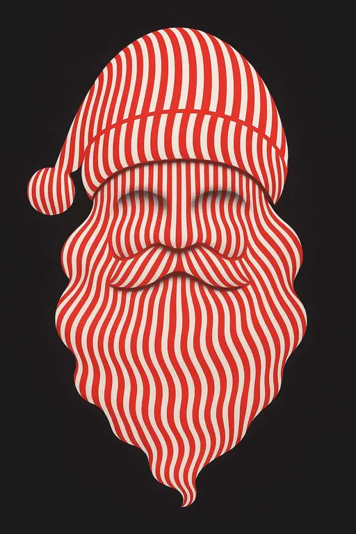 Santa silhouette formed from tight alternating red and white vertical stripes that bend and warp to shape his hat brim, cheeks, and beard against a dark charcoal field.