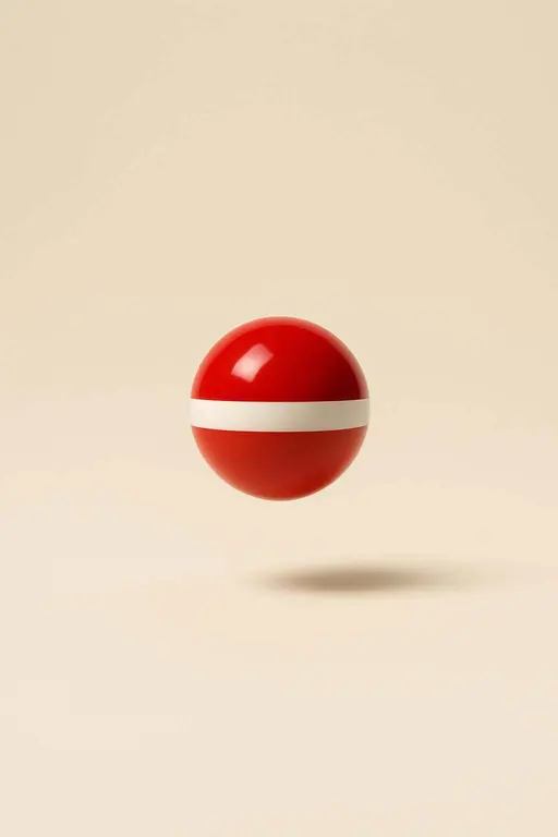 Hyper-minimal depiction of Santa as a glossy red sphere with a narrow matte white band around its equator, hovering just above a warm ivory field under a diffused overhead spotlight, casting a gentle elliptical shadow.