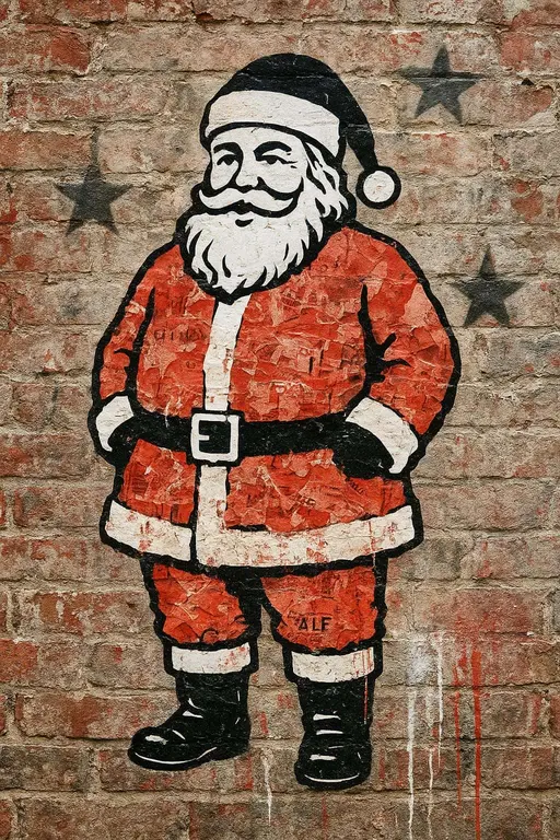 A gritty urban Santa in crisp black-and-white stencil for beard, boots and hat, with a coat of torn red paper scraps pasted on weathered brick, surrounded by spray-painted stars and red-and-white drips.