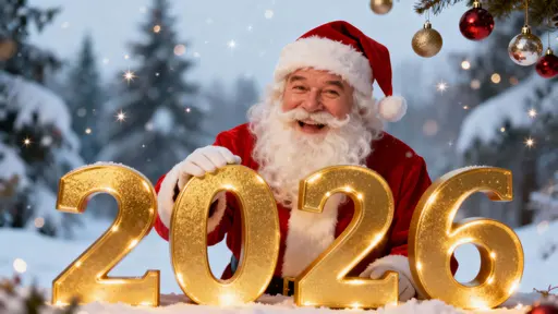 Smiling Santa poses centered behind large reflective golden “2026” numerals in a wide 16:9 frame, with snow-covered trees blurred in the background, drifting sparkles, hanging baubles, and soft warm light.