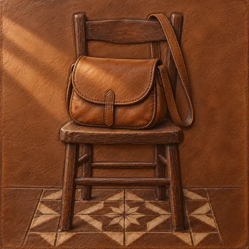 A rounded satchel with a flap and a long strap rests on a simple wooden chair with the strap draped over the chair back in tooled leather relief.