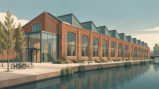 A saw tooth roofed brick textile mill converted into offices and workshops, with tall arched windows, a glass entrance box, a canal towpath, bicycles and young trees.