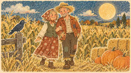 A couple dressed as scarecrows stand arm in arm in a golden cornfield at dusk with a friendly crow on a fence post, stacked pumpkins, hay bales and a harvest moon.