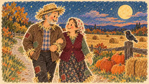 A couple dressed as scarecrows stand arm in arm in a golden cornfield at dusk with a friendly crow on a fence post, stacked pumpkins, hay bales and a harvest moon.