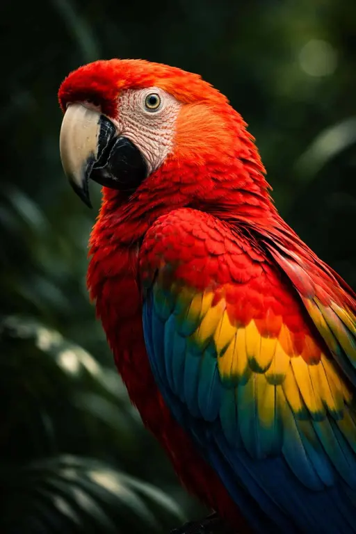 A vibrant scarlet macaw features in this detailed nature portrait emphasizing iridescent plumage and sharp textures for a professional editorial layout.