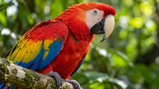 A vividly coloured scarlet macaw parrot perches on a branch with red, yellow and blue feathers, a curved beak and a bright eye with lush green jungle blurred behind.