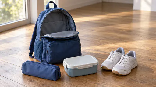 On a wooden floor in soft morning window light a small blue school backpack stands open with a pencil case, a lunch box and a pair of gym shoes laid out neatly beside it with generous empty floor around.