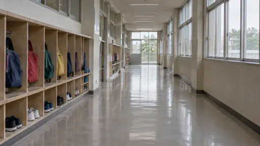 A wide school corridor in even interior light has a row of recessed cubbies and low shelves along one wall holding colourful plain bags and shoes leaving a broad clear walkway down the middle of polished floor with tall windows along the other wall.