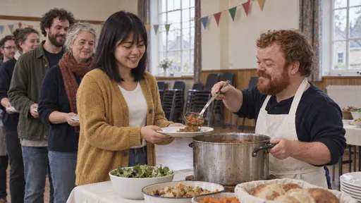 A young woman with a fringe in a mustard cardigan holds a plate first in a food line while a short-statured man in a white apron ladles stew onto it from a large pot at a serving table in warm hall light.