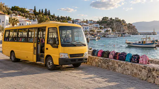 A small yellow school minibus waits at a stop beside a low sea wall in the afternoon with its door open and a row of children's coloured backpacks lined on the wall beside it, the harbour and boats behind.