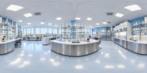 A full 360 degree equirectangular panorama from the centre of a clean science laboratory with long benches, glassware, microscopes, a fume hood and shelves of reagents.