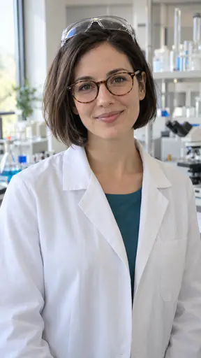 A slim woman in her early thirties with a sleek dark bob and round tortoiseshell glasses, clear safety glasses pushed up on her head, in a white lab coat over a teal shirt, at a bench with glass flasks and a microscope in a bright laboratory.