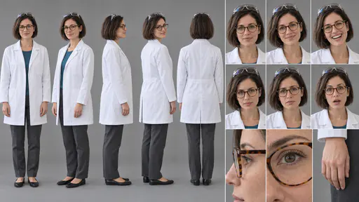 A 16:9 studio character sheet of a scientist with a dark bob and round tortoiseshell glasses in a white lab coat over a teal shirt, grey trousers and black flats, shown in five full-body views, six expressions and three close details.
