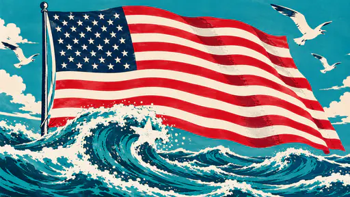 Screen printed flag over ocean waves with a solid blue canton and stripes as wave bands. Thirteen stripes and a starry canton print neat.