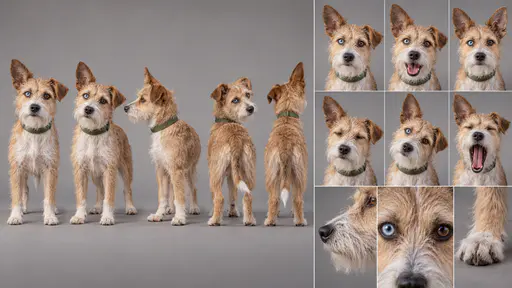 A 16:9 studio reference sheet of a three-year-old wire-haired terrier mix in a green collar, shown in five full-body views, six head studies and three close details of muzzle, eyes and paw.