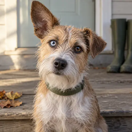 A scruffy wire-haired terrier mix with one blue eye and one brown eye, one standing ear and one flopped ear, wearing a plain green collar, on a worn wooden stoop with green rubber boots and fallen leaves.