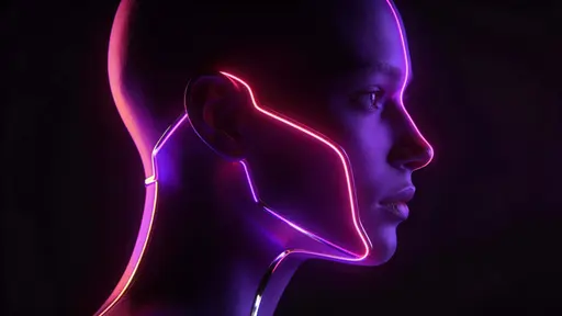 Near-profile sculpted face in matte midnight purple with hot-pink and electric-violet contour lines tracing the nose and jaw over a dark minimal background, framed 16:9.