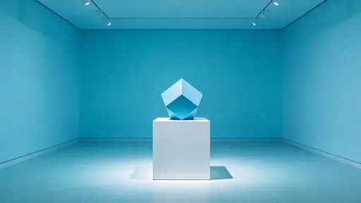A solitary minimalist sculpture in a museum room, centered within a 16:9 crop and framed tight on a pedestal, set against pure cyan-blue walls with almost shadowless, ultra-flat lighting.