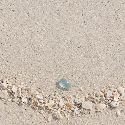 Pale beach sand seen from above with one thin curved tide line of fine shells and chalk fragments across the bottom fifth; a single piece of soft blue-green sea glass rests just above the arc on untouched sand, catching one small bright highlight, while the top of the frame stays clear.