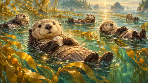 A group of sea otters floats on their backs among tall golden kelp in calm green water with one otter holding a shell on its chest.
