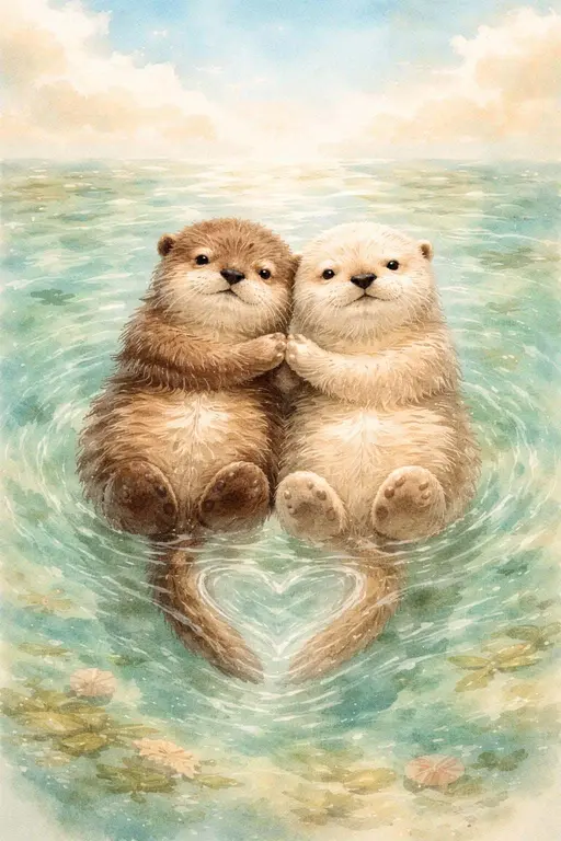 Vertical 2:3 watercolor of two sea otters floating and holding paws amid clear water and soft sky, heart-shaped ripples spreading below, with ample upper space for type.