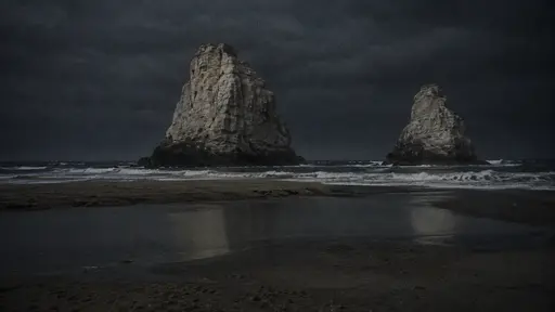 Two pale sea stacks stand beyond a low sand spit in dark night light with faint surf breaking around their bases seen from the beach.