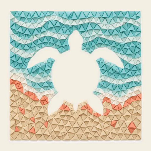 A tide scene assembled from repeated folded paper triangles in pale aqua, sand and coral has a large sea turtle shaped opening with a round shell and four flippers where the modules stop showing white behind.