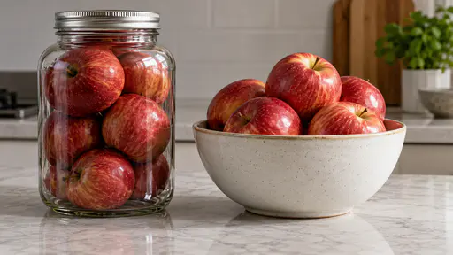 A sealed glass jar with its lid screwed tight stands beside an open ceramic bowl heaped with the same red apples on a kitchen bench in bright even light.