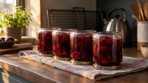 In low evening light sealed jars of red compote rest upside down in a neat row on a folded cotton cloth on a kitchen bench with small beads of condensation inside the glass and the metal lids shining with a cooling rack and a kettle behind.