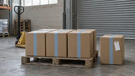 Six identical medium brown cardboard boxes sealed with pale blue tape stand in a tidy row on a low wooden pallet beside a roller door in a small warehouse with one box set slightly apart and a hand pallet truck behind in even daylight, no people.