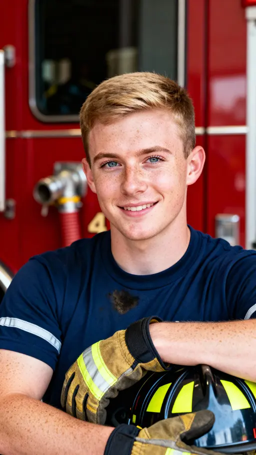 Sean, a mid-20s Irish American firefighter trainee, rests gloved hands on a helmet outside the station with sandy hair, freckles, a navy-blue tee and soft engine-red blur, lit by a gentle wrap that preserves skin texture and crisp iris and睫