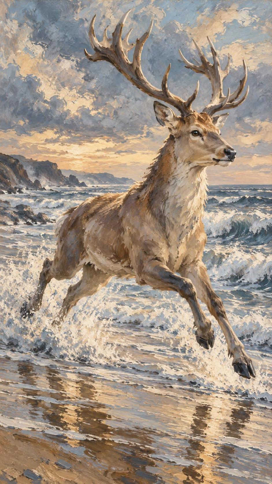 A deer sprints along a seaside shore at low tide with hooves kicking up spray and antlers high while waves roll in beside it and the wet sand mirrors the sky.