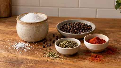 On a scrubbed wooden kitchen bench a small ceramic salt cellar heaped with coarse white salt, a shallow dish of whole black peppercorns and two pinch bowls of dried green herbs and red paprika stand together with a few grains scattered on the wood in warm side light.