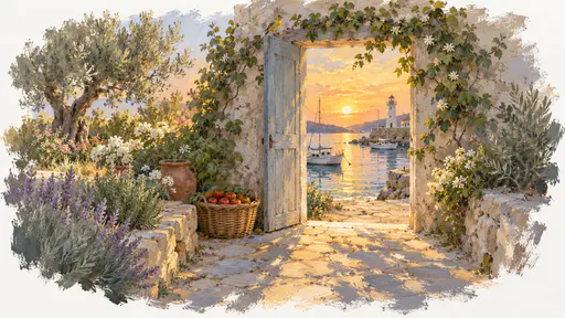 A doorway growing on a low vine opens onto a warm seaside harbour with white boats and a lighthouse at sunset, a basket of garden tomatoes on the garden side of the threshold and a small yellow bird on the door frame, golden light spilling onto the path.