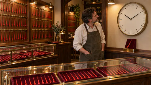 Secondhand shop: warm eye-level retail photograph of a small clock shop whose glass cases and wall hooks hold rows of long red second-hand pointers, with a shopkeeper in a canvas apron studying a large blank-dialed wall clock missing its second hand above a single pointer on a velvet stand.