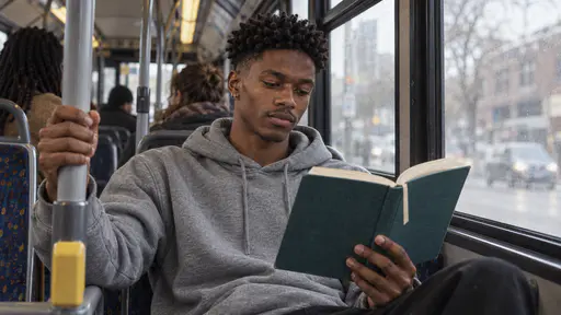 A tall young man with a twist-out and silver hoops in a grey hoodie reads a thick teal cloth-bound book held open in one hand on a bus seat with his other hand on the rail, a blurred street passing outside the window.