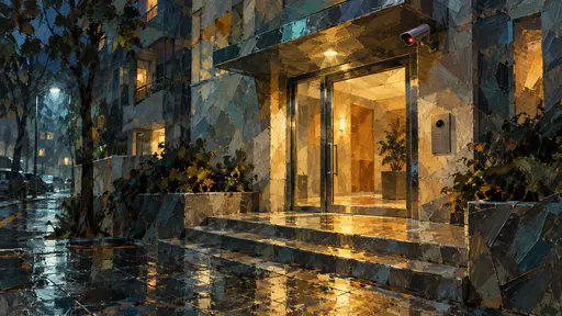 A bullet security camera sits above a glass apartment entrance at night with warm lobby light spilling over wet steps in teal and amber painted facets.
