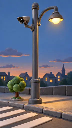 A tall grey clay street pole carries a security camera on a short bracket beside a lamp arm above a striped crossing and a small tree at dusk.