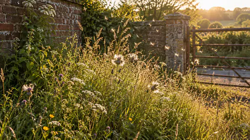 Tall grass and wildflower seed heads glow gold in low backlight over the regrown patch with tiny seeds and feathery thistle seeds drifting through the air beside the low brick wall and the rusted iron gate.