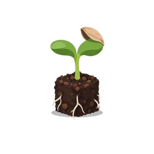 A tiny green seedling with two round first leaves and a seed husk still tipped on top, growing from a small block of dark soil, on a transparent background.