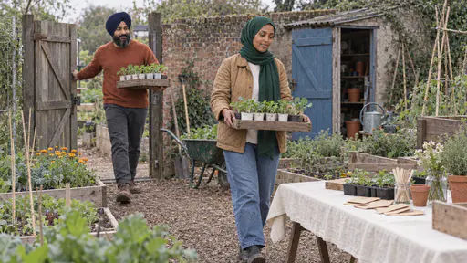 A slim young woman in a green hijab and camel jacket carries a wooden tray of seedlings in recycled yoghurt pots across a garden yard while a broad man in a navy turban holds the gate open behind her with a second tray in his hand.