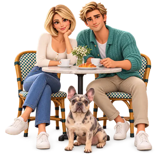 Toy-figurine style portrait of a blonde woman and a man in a teal knit cardigan seated at a small round cafe table with cups, a croissant and flowers, with a merle dog in front, on a transparent background