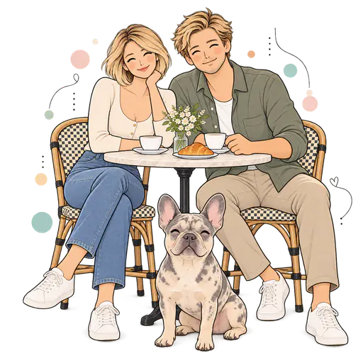 Flat pastel line illustration of a blonde woman with a short bob and a blond man seated at a round cafe table with coffee cups, a croissant and a small vase of white flowers, a merle French bulldog sitting in front, pastel circles and delicate sprig doodles around them on a transparent background.