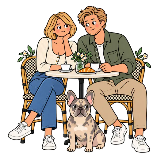 Flat illustration with transparent background: a blonde woman with a short bob and a stubbled blond man with simple oval eyes sit at a round cafe table with coffee cups, a croissant and a jar of daisies, a spotted French bulldog sitting in front, checkered bistro chairs and tiny white-flower sprigs around them, all in flat muted colours with bold dark outlines.