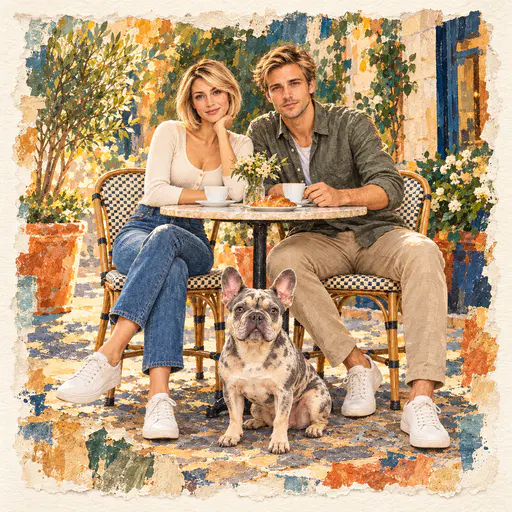 Travel-poster illustration on ivory paper with a torn deckled border showing a blonde woman and a man at a round cafe table with a merle French bulldog, in warm orange, navy and cream painterly strokes with potted olive trees and a sunlit stone terrace.